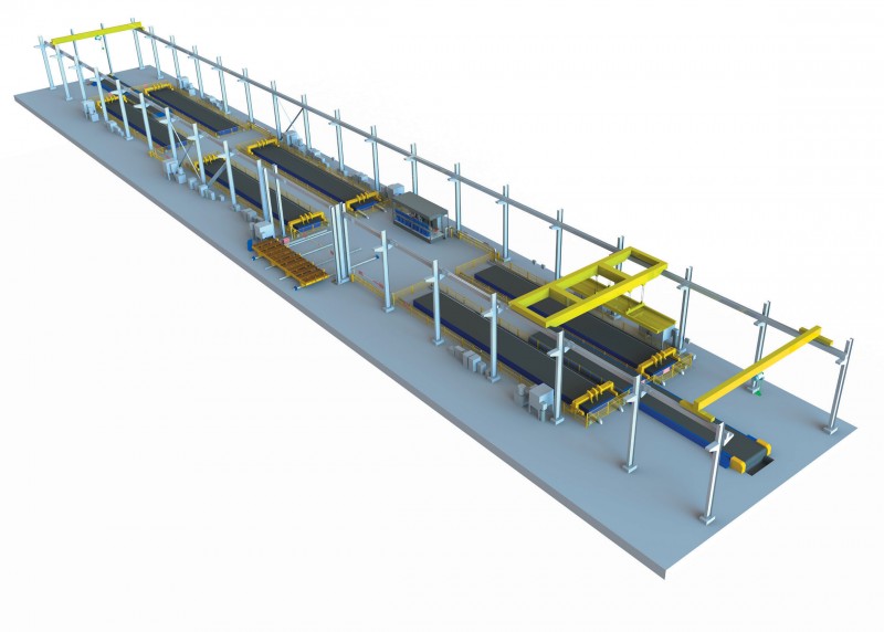 Vizualizácia projektu automatickej linky: 1. vstupný vagón; 2. automatizovaný žeriav 3. riadiaca kabína 4. CNC rezacie stroje 5. výstupné dopravníky